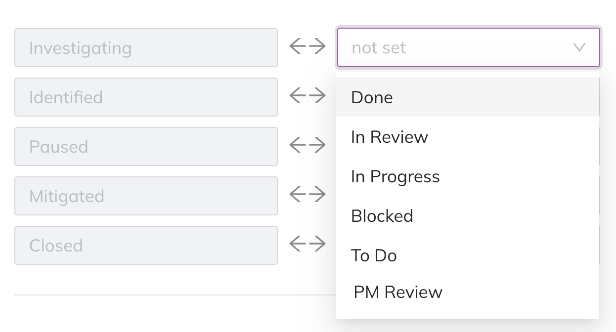 A screenshot of the Jeli web app UI showing how to map Jeli incident stages to Jira issue statuses