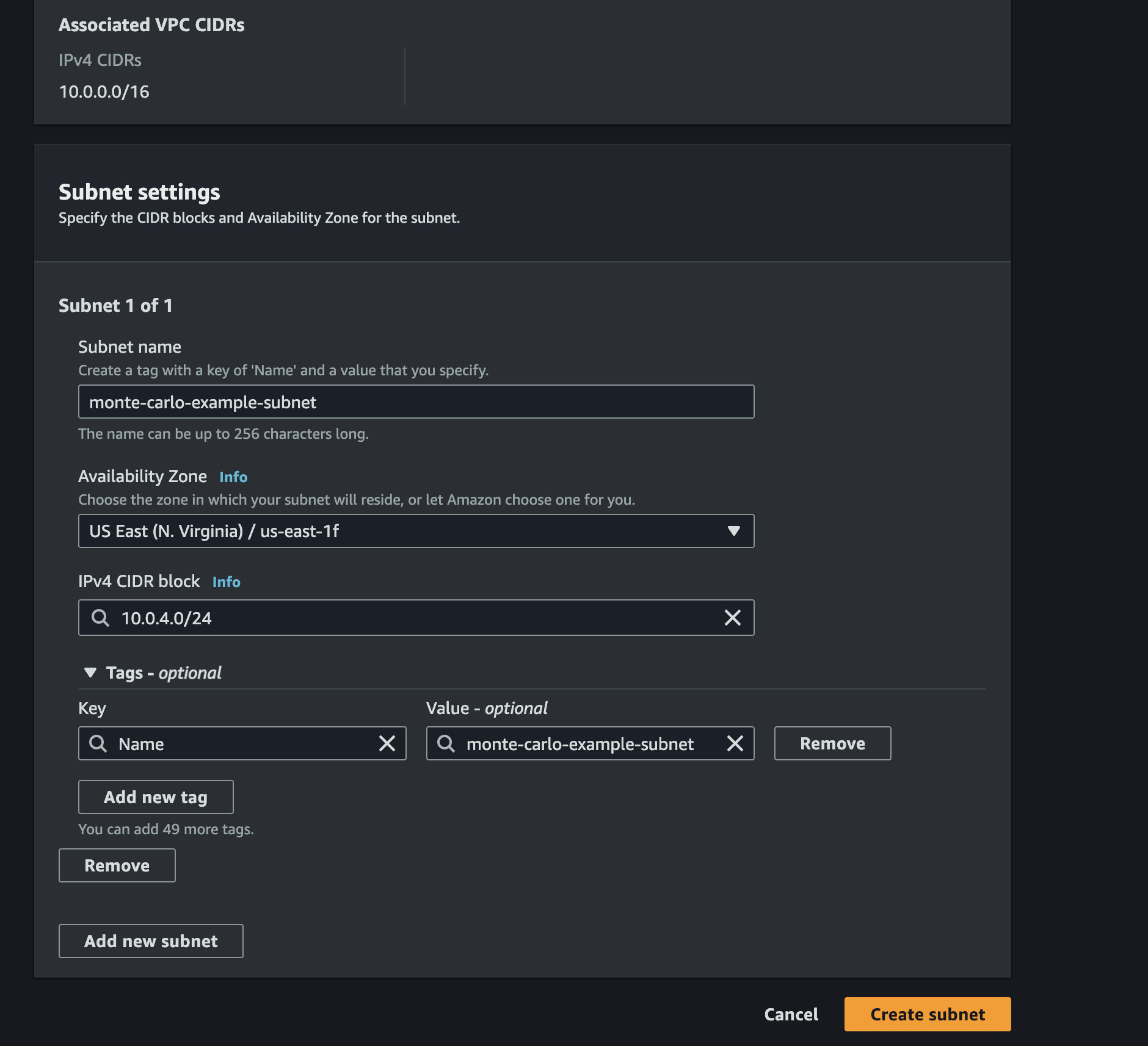 Example Create Subnet Console