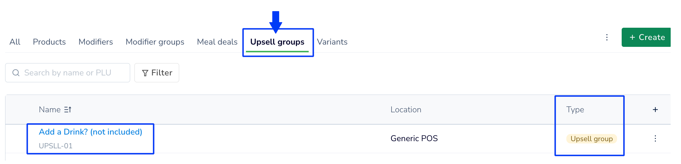 on Products tab, filter by upsell group to see upsell groups only