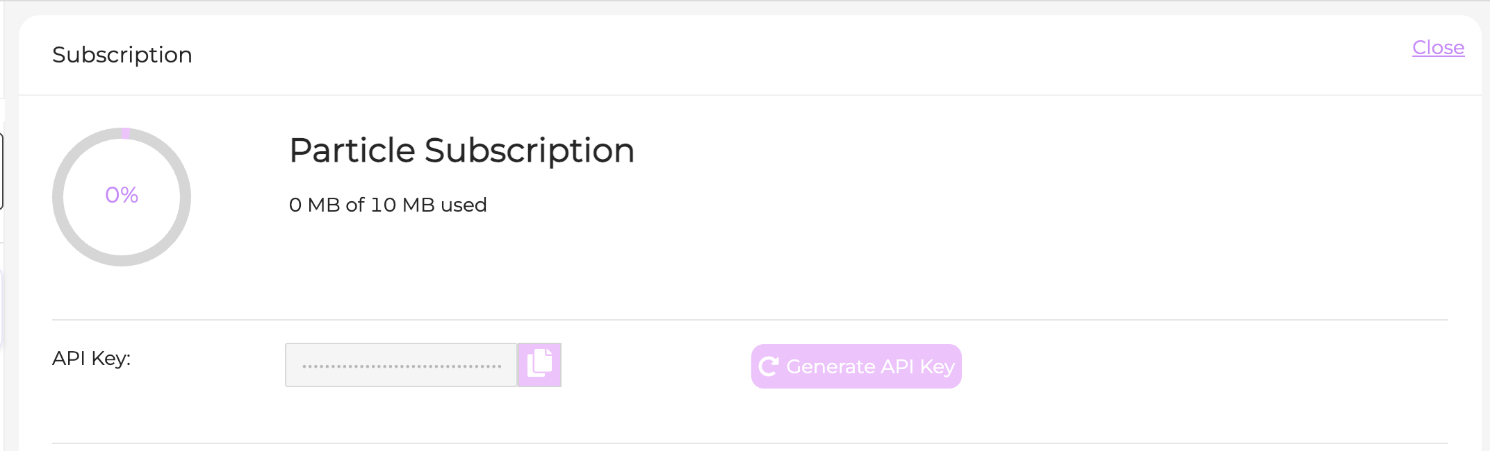 From the 'Subscription' screen, click 'Generate API Key'.