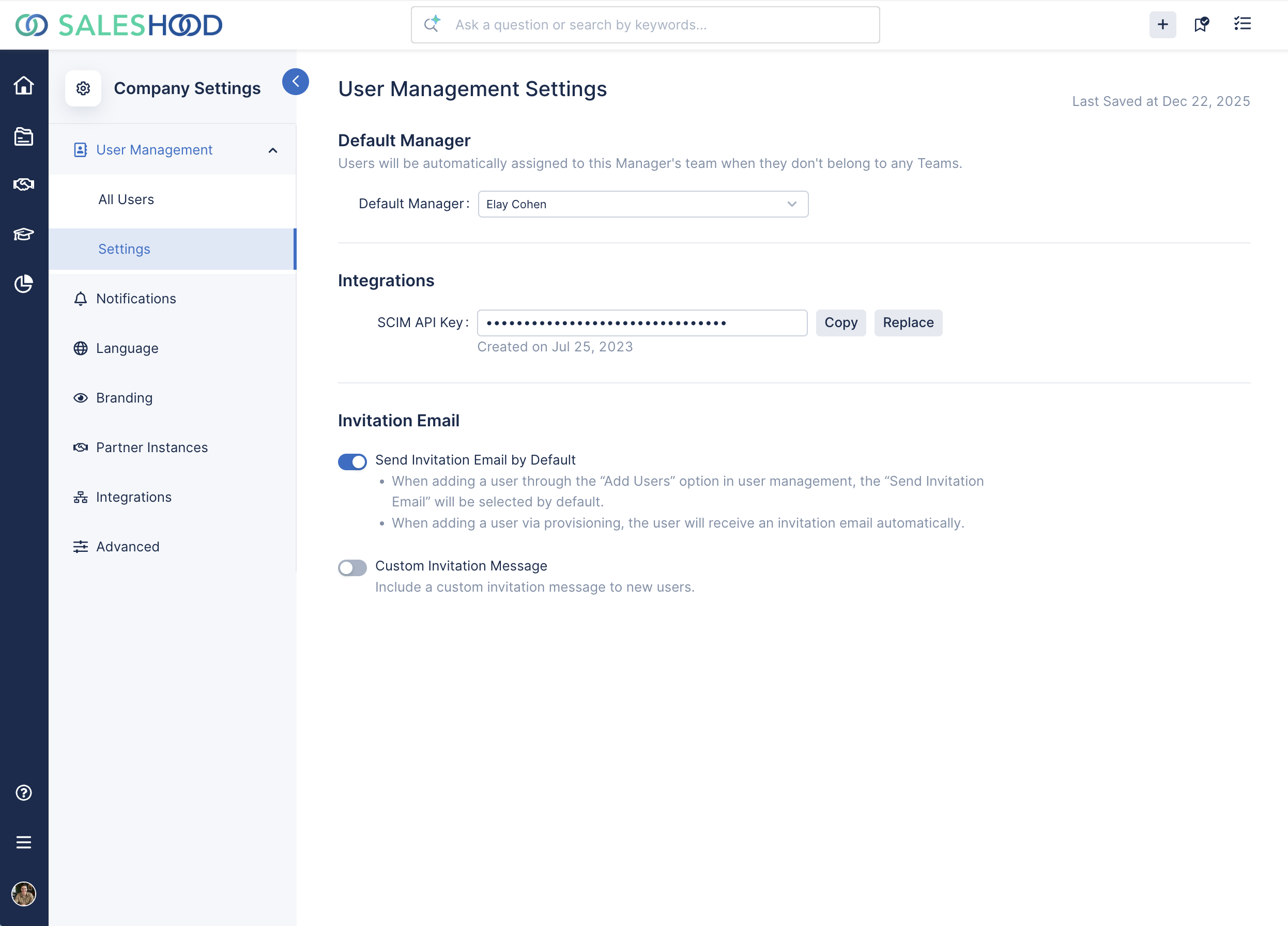 Generate, copy, and replace your SCIM API Key from the Company Settings / User Management / Settings page.