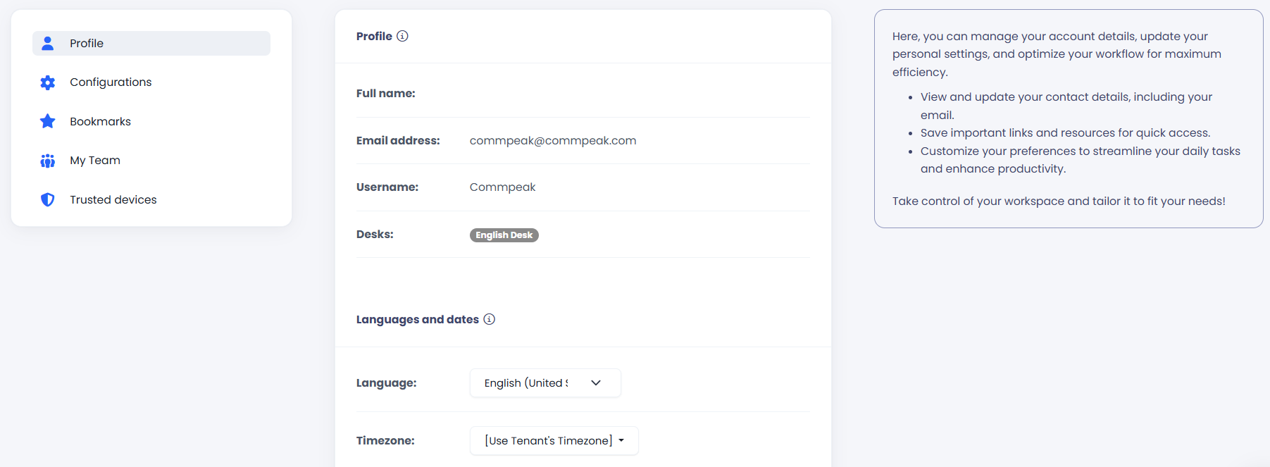 Screenshot of the Profile section