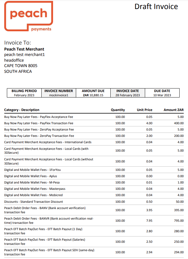 Page 1 of a sample invoice with fake transactions and fees.