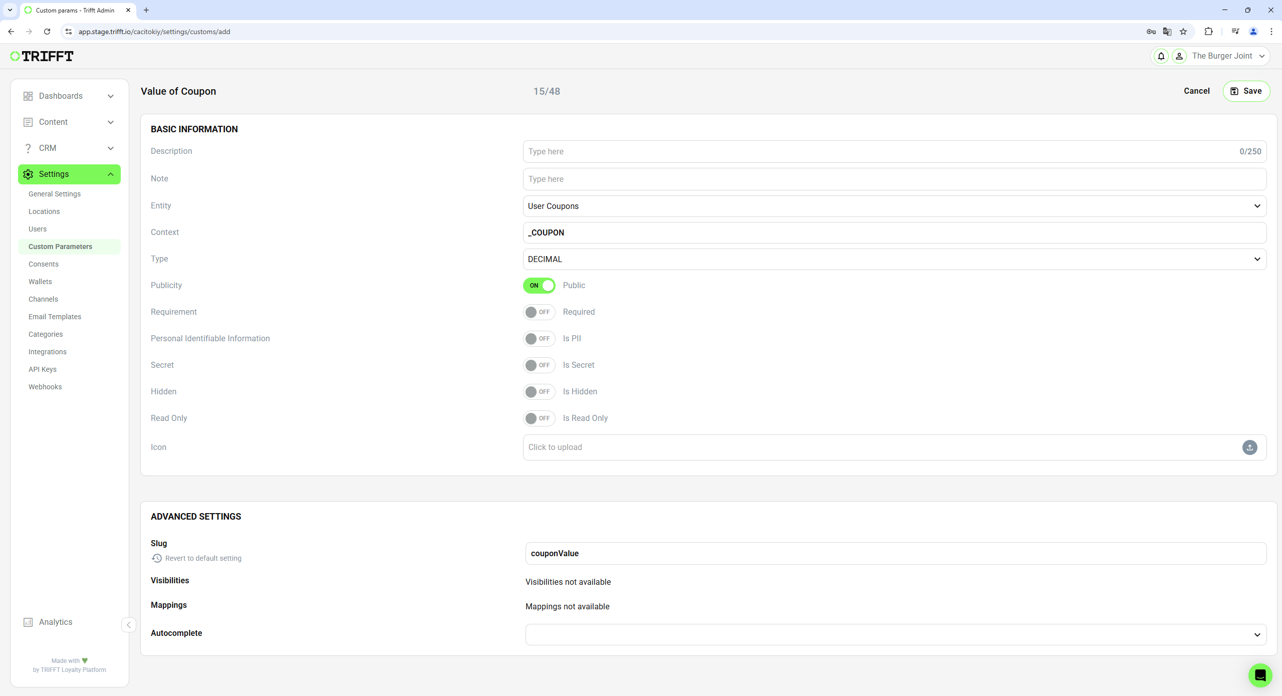 Settings of Custom Parameter: Entity = User Coupons; Context = \_COUPON