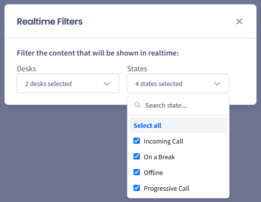 Screenshot with the realtime drop-down filters