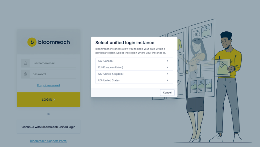 Bloomreach unified login interface with region selection modal displaying options for EU, US, UK, CA, and AP regions with Select and Cancel buttons.