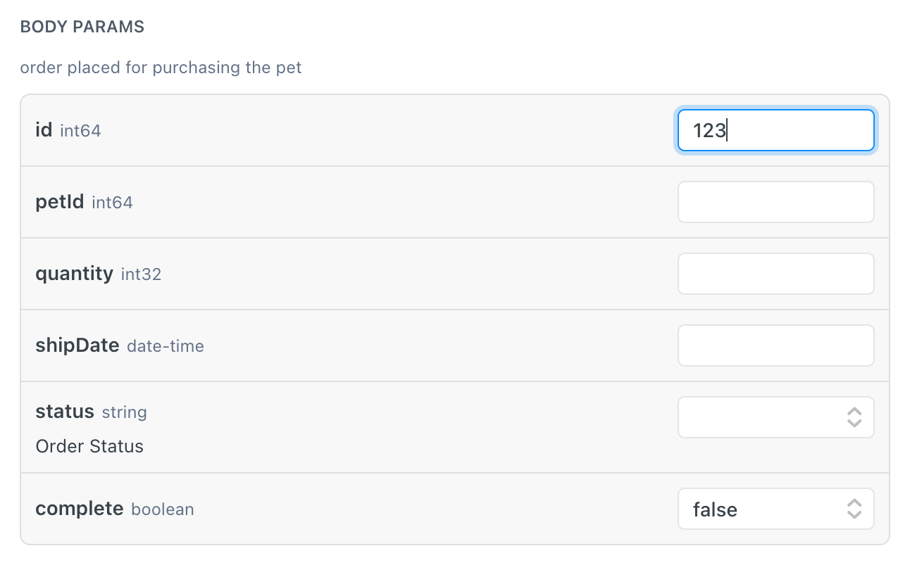 A form in the API reference, where the `id` integer value is "123" and the `complete` boolean value is "false".