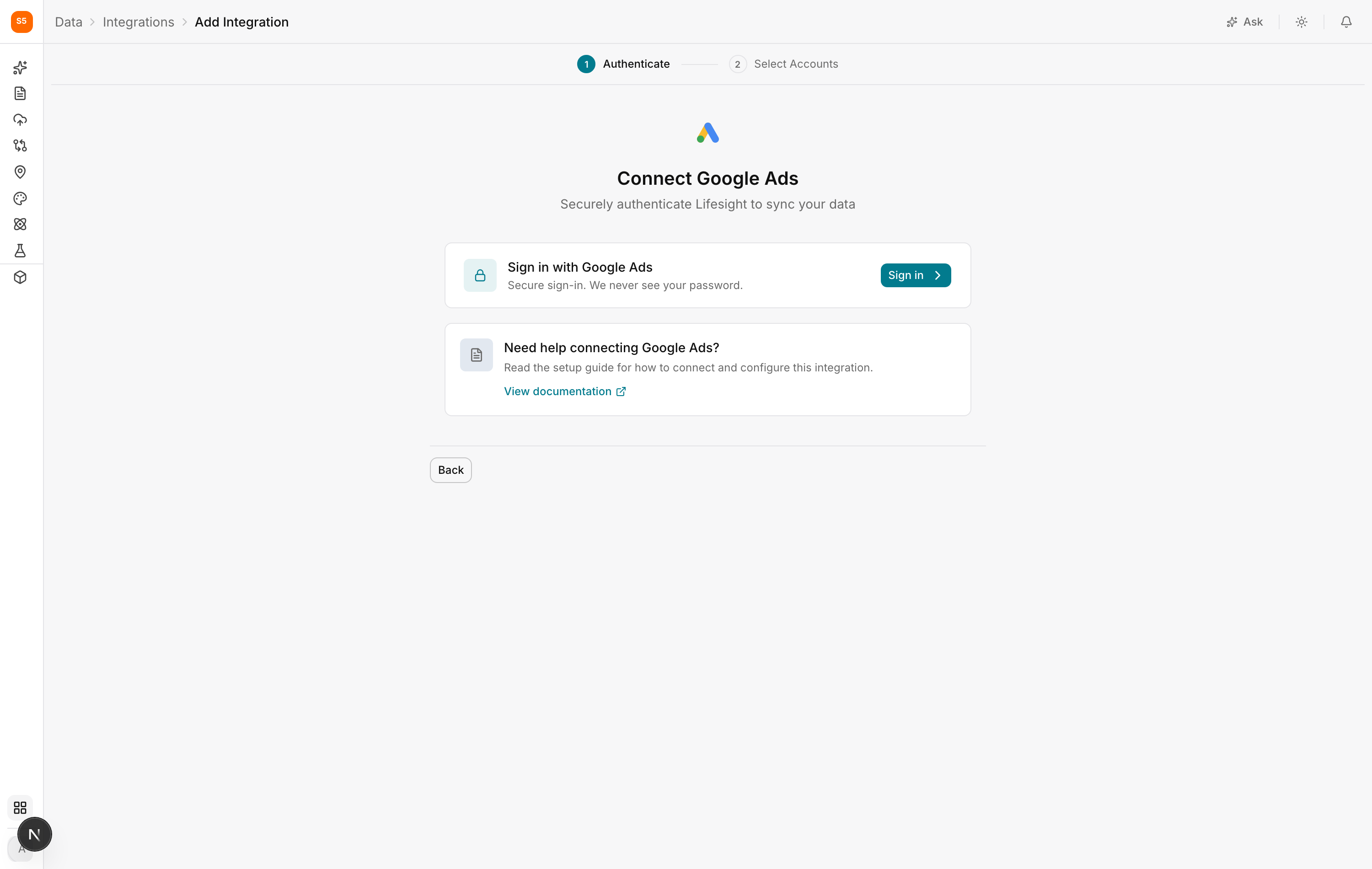 The Google Ads authentication step