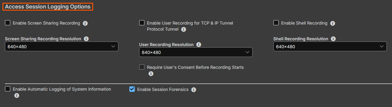 Image of the Access Session Logging Options section.