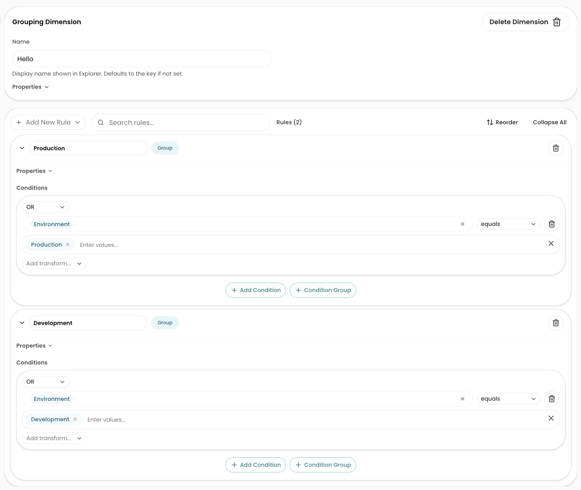 Completed Environment Dimension with Production and Development Group rules