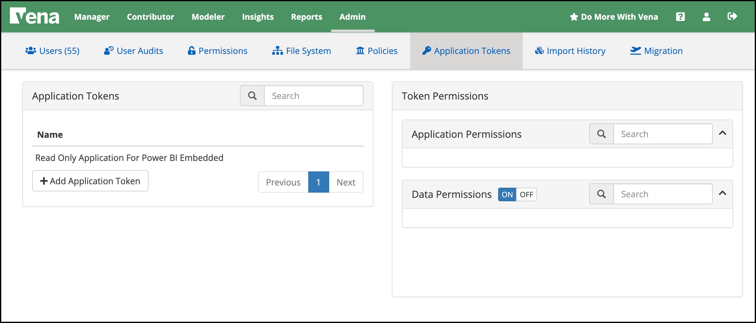Vena.io admin application token tab