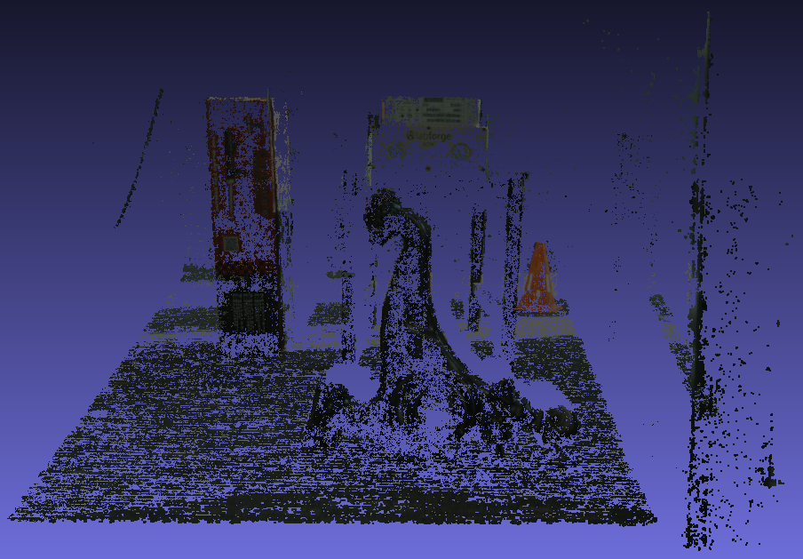 A point cloud of the above scene is viewed with MeshLab.