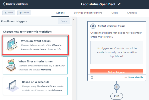 Screenshot of the trigger types selection screen