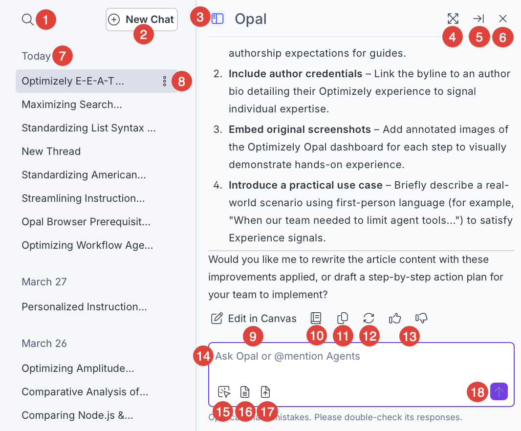 Screenshot of Opal Chat where it opens inside an Optimizely product page.
