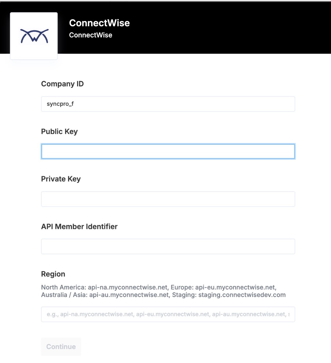 ConnectWise credentials screen