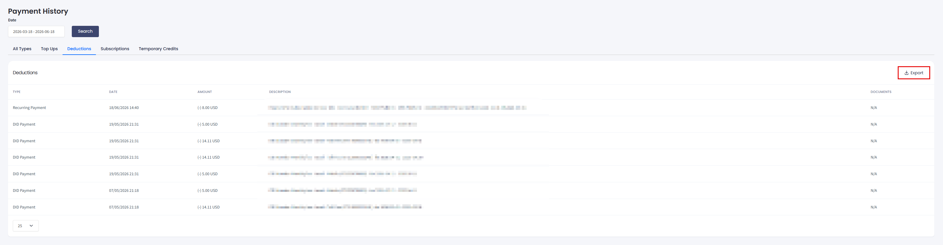 Screenshot of downloading payment history
