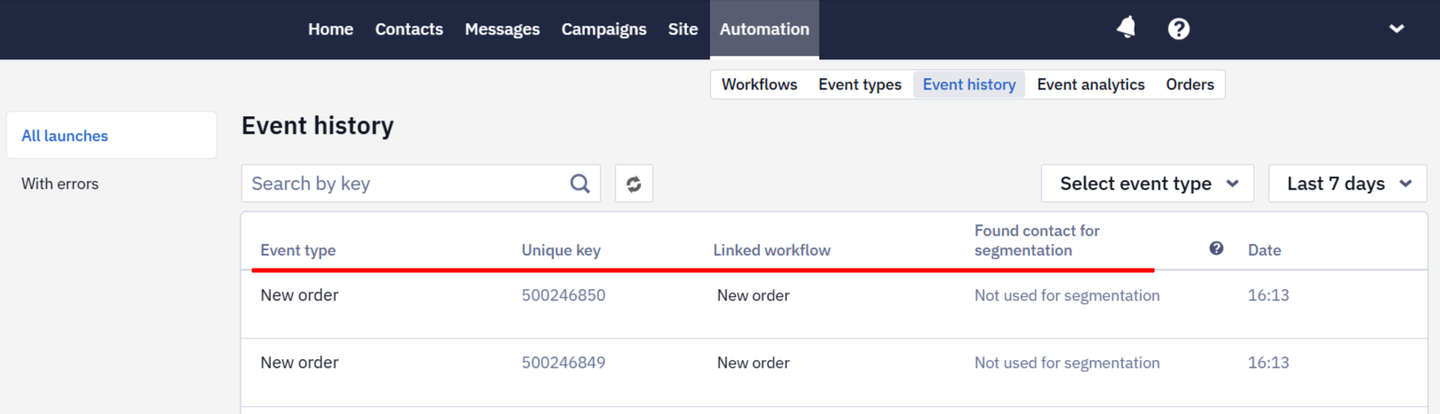 Event history list showing event type, key, linked workflow, contact, and registration time