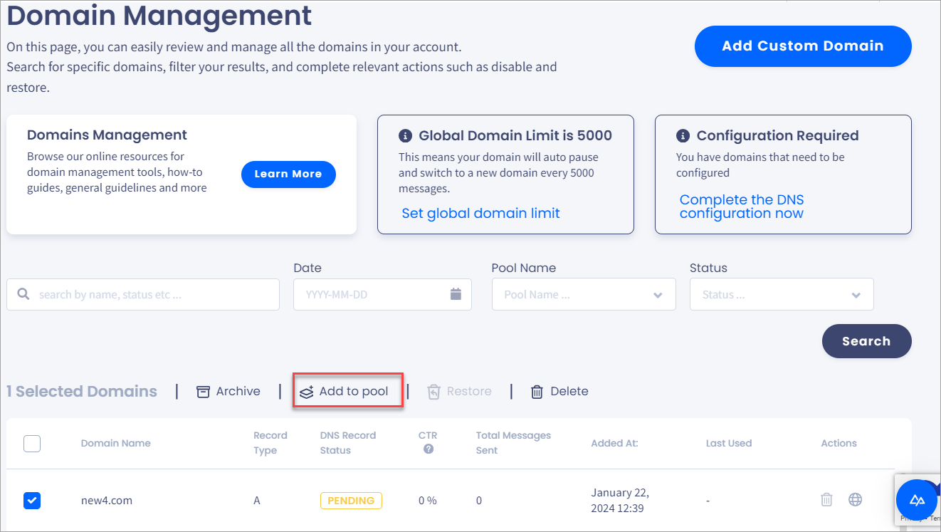 Screenshot of the **Domain Management** tab 