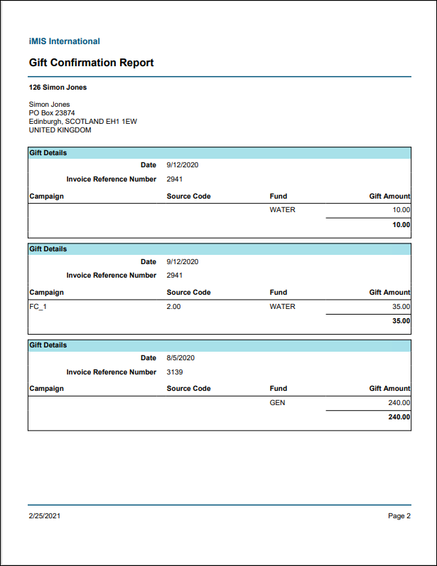 Viewing the Gift Confirmation report example