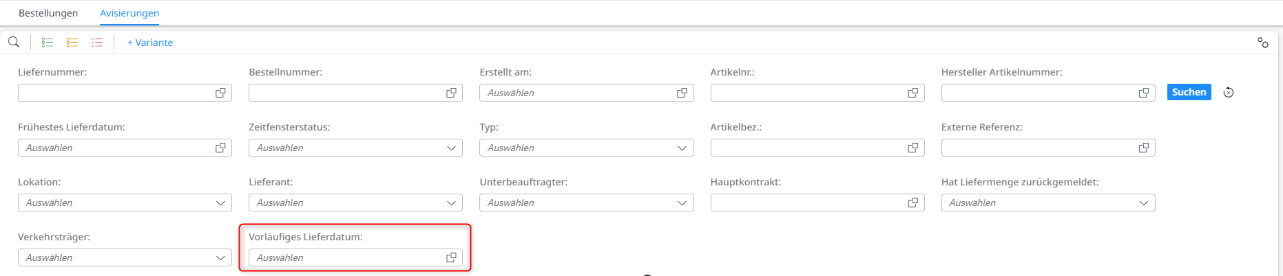 Einträge nach dem vorläufigen Lieferdatum filtern