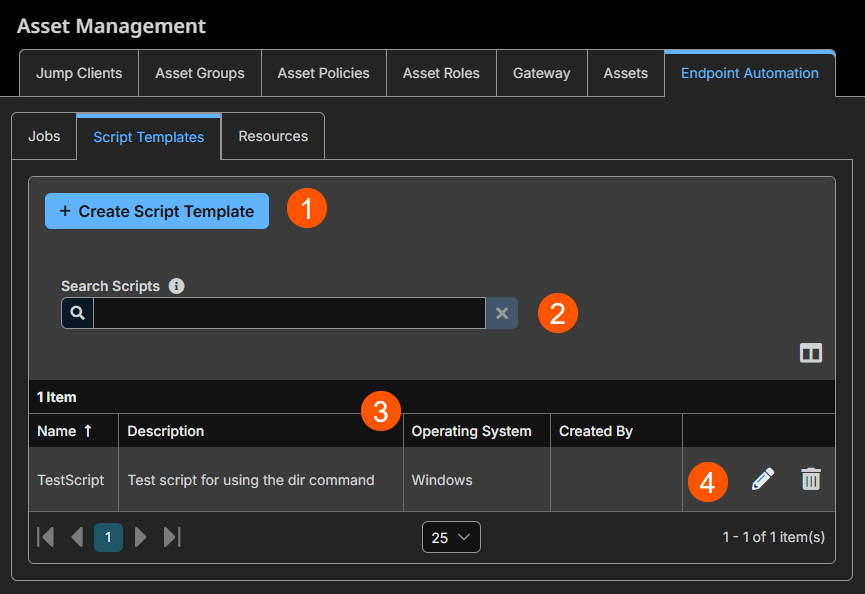 The image shows a user interface for Privileged Remote Access under the "Jump" section, specifically in the "Endpoint Automation" tab. It includes a "+ Create Script Template" button, a search bar, and a table listing script templates with columns for Name, Description, and Operating System.