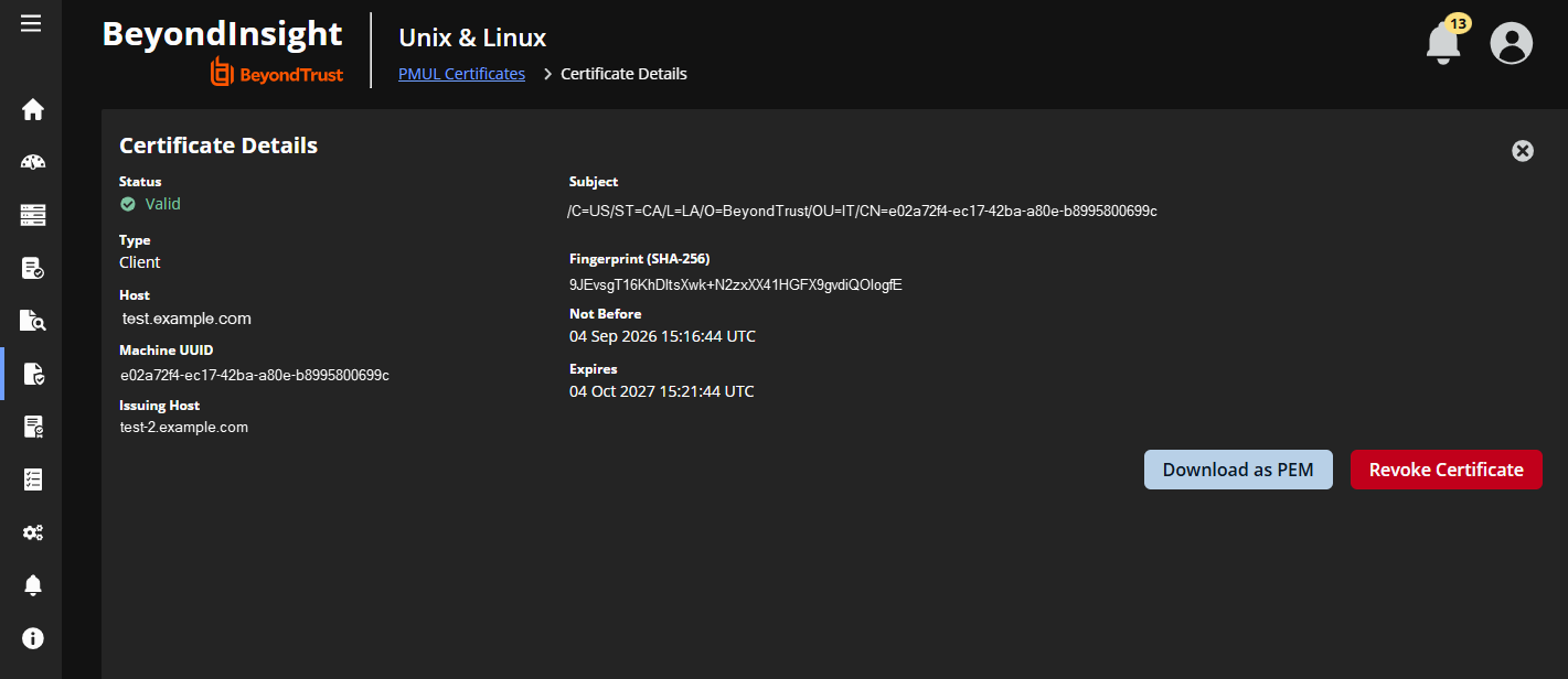 The Certificate Details page for a Client certificate, with subject, SHA-256 fingerprint, and Revoke Certificate button.