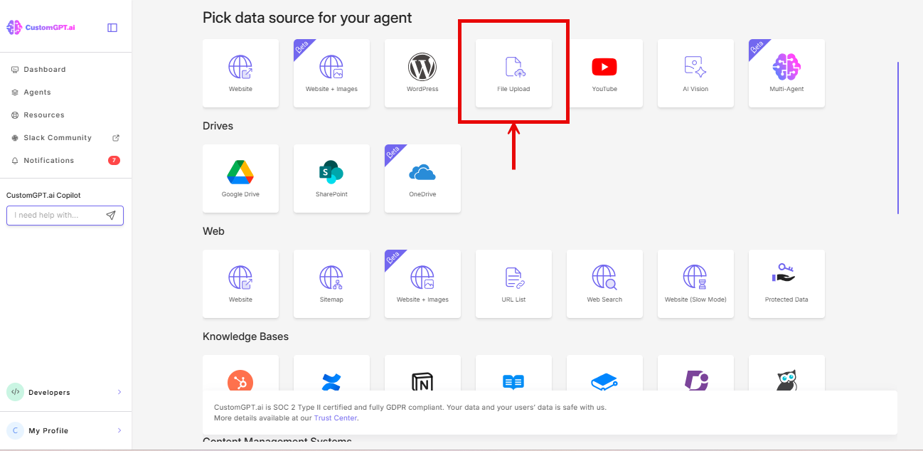 screenshot: File upload button on the Sources page