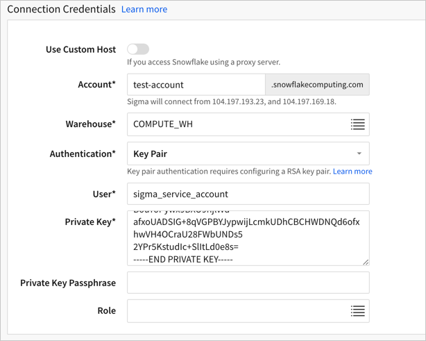 Connection Credentials form with required fields for key-pair authentication filled in