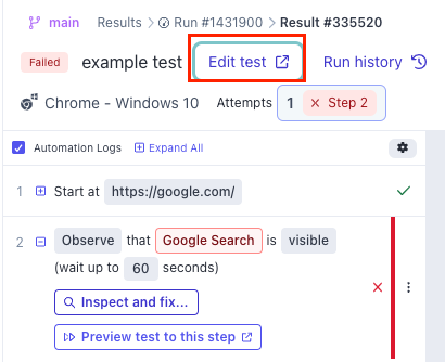 How to Edit a Test Using a Past Result