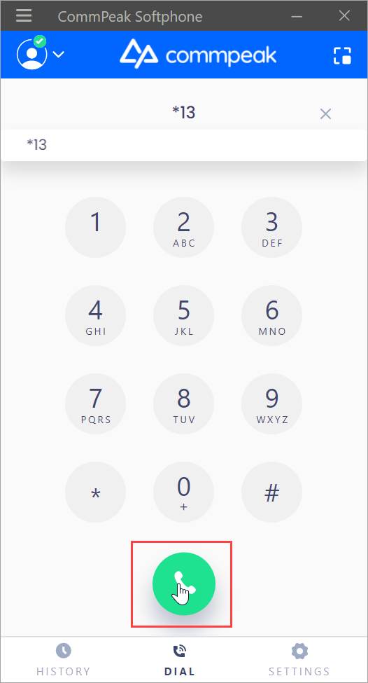 Screenshot of the CommPeak Softphone dial pad: full mode