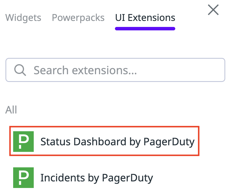 A screenshot of the Datadog UI highlighting the Status Dashboard by PagerDuty widget