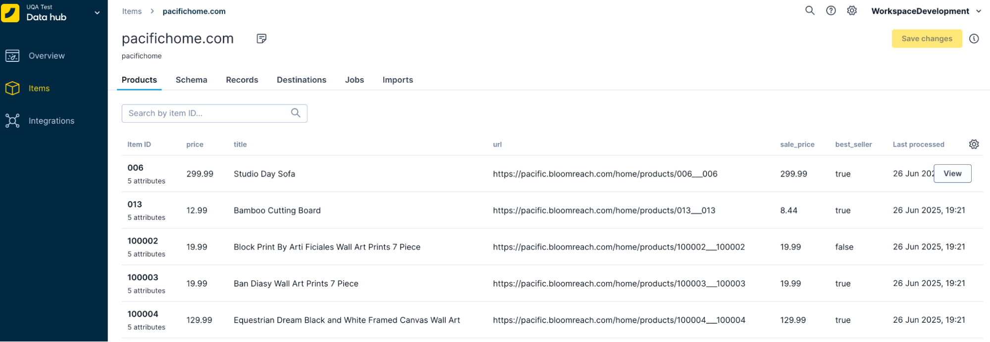 The Products tab in Bloomreach Data hub, displaying a list of product items with unique IDs, attribute values, and a View button for detailed attributes.