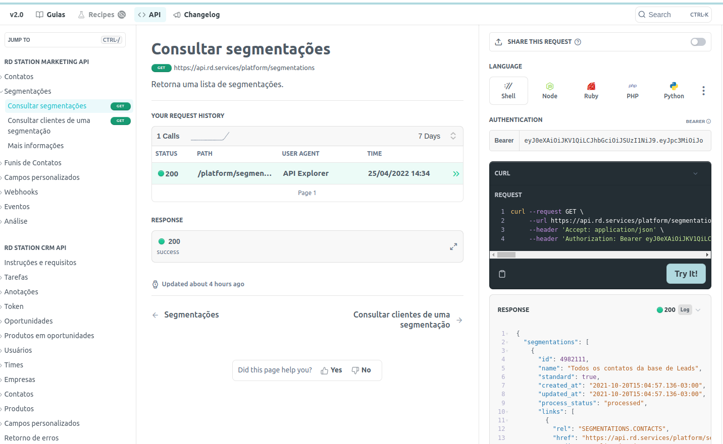 Imagem mostrando o uso da interface do portal de desenvolvedor para listar segmentações
