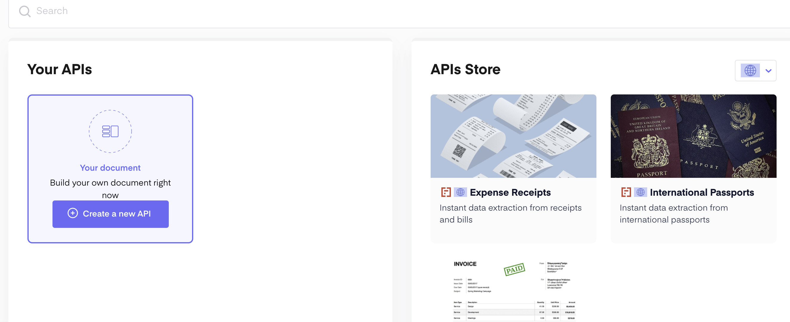 invoice receipts API card on the right