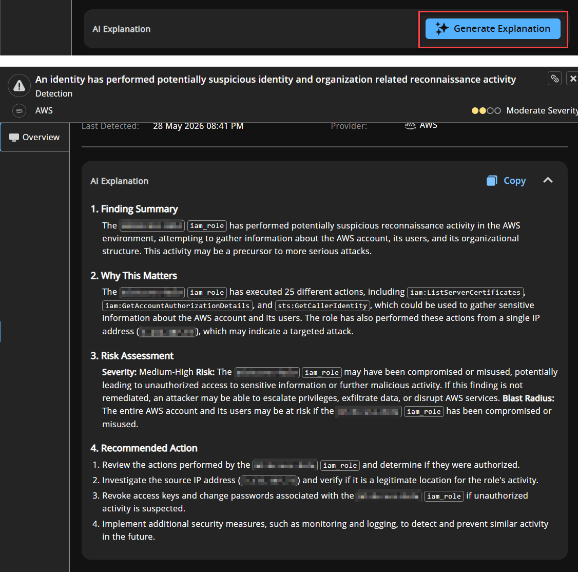 AI Explanation panel showing a four-section breakdown for an AWS detection, with Copy button in the top right.