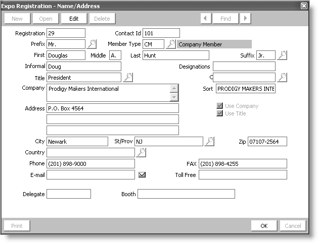 From Exposition, select Process booth orders, open an order, click Options, and select Address