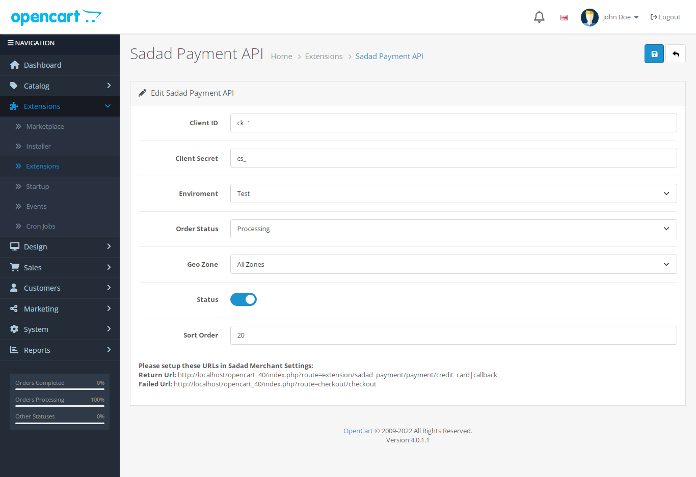 Opencart Sadad Pay settings