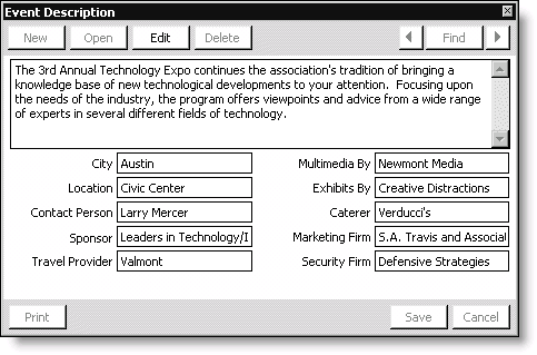 From Events, select Define an event, double-click an event, click More, and select Description