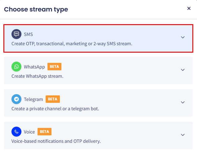 Screenshot of the stream type options