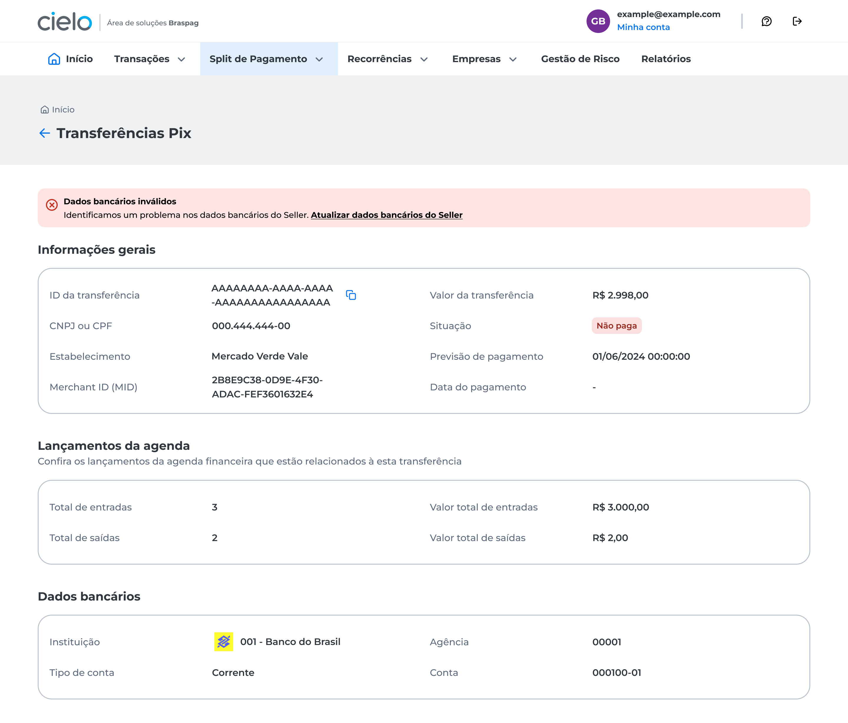 Dados bancários inválidos. Identificamos um problema nos dados bancários do Seller. Atualize os dados bancários do Seller (link clicável)