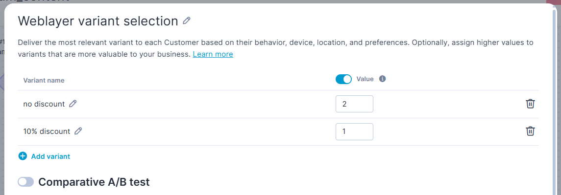Value toggle enabled showing Variant A - no discount set to 2 and Variant B - 10% discount set to 1 in the contextual personalization setup.