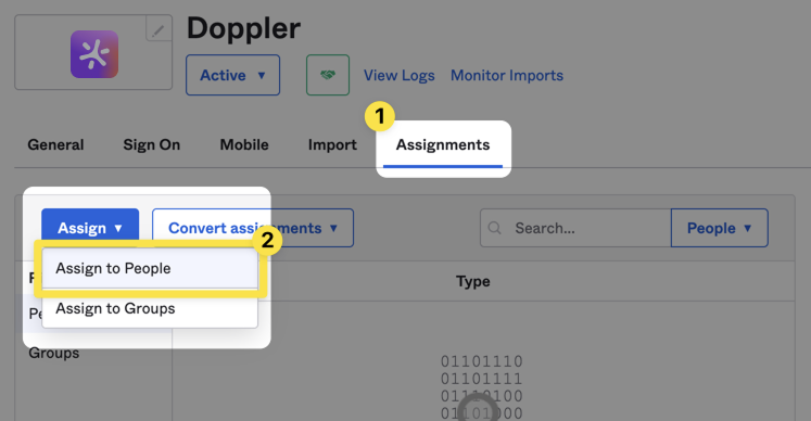 Okta Admin Console showing the 'Assignments' tab for adding users or groups to the Doppler SAML application for Single Sign-On access.