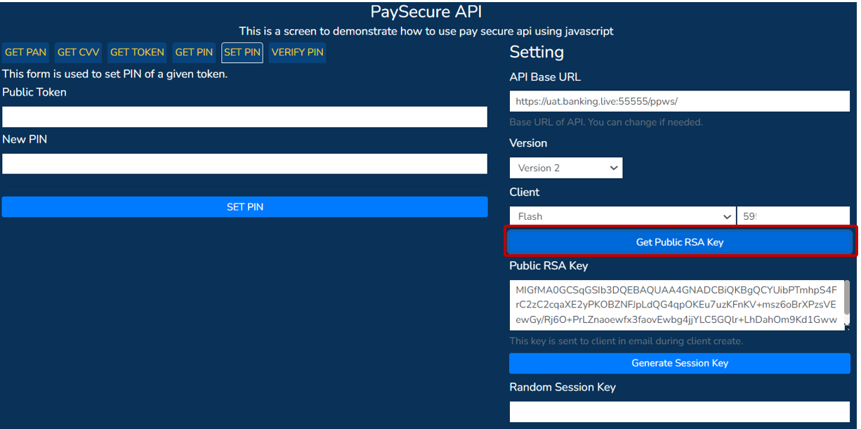PaySecure API screen: Get public RSA key