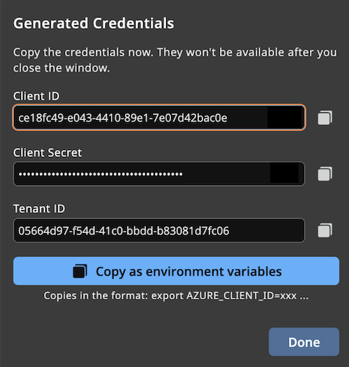 Generated Credentials dialog showing Client ID, Client Secret, and Tenant ID with a copy button.