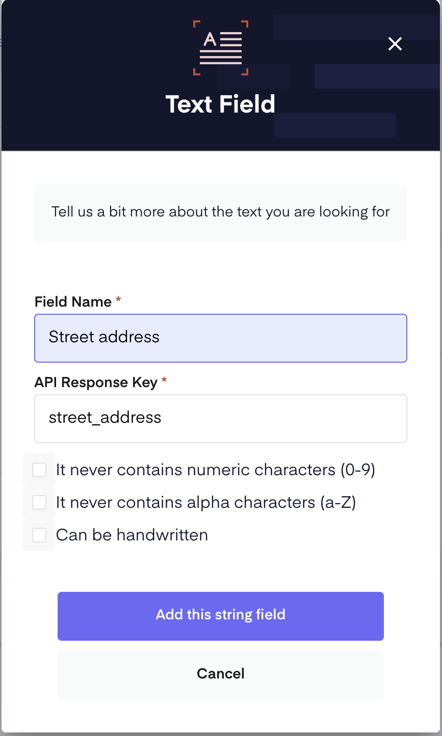 text field name and API response filled