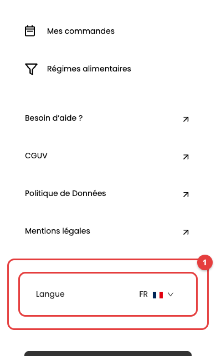 Sélecteur de langue dans le menu du site de commande