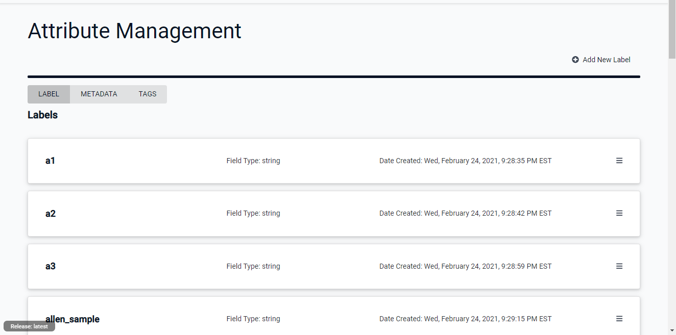 labelsmetadatatags.png Attriibute Management Page