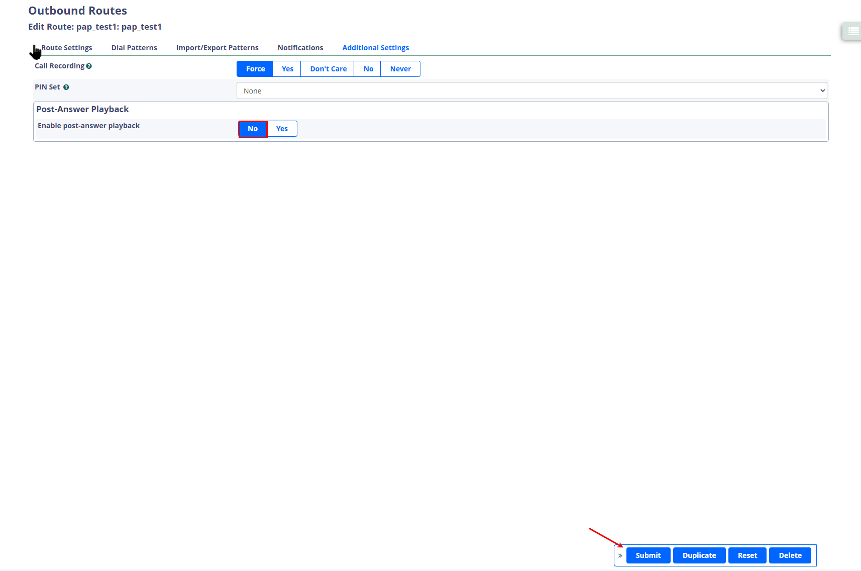 Screenshot of the Enable post-answer playback option set to No