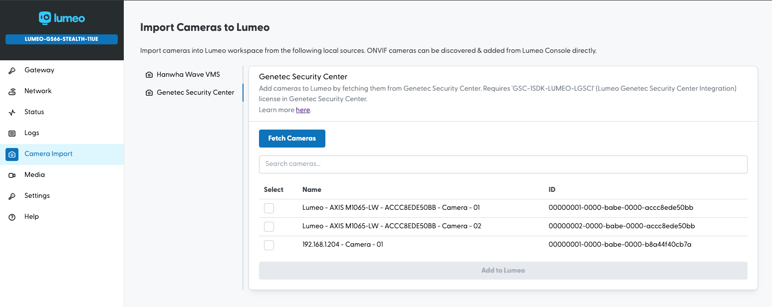 Select Genetec streams -> Add to Lumeo