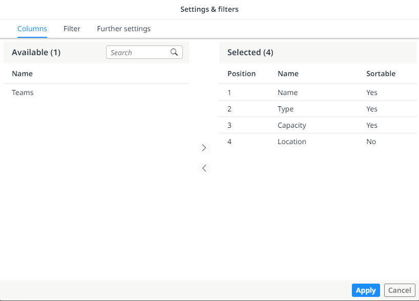 Available columns in the worklist of the ‘Resources’ tab